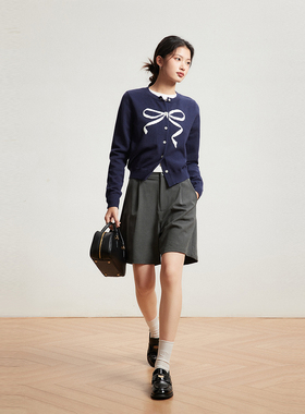 INRM 甜美清新撞色绵羊毛蝴蝶结开衫外套秋冬毛针织衫女