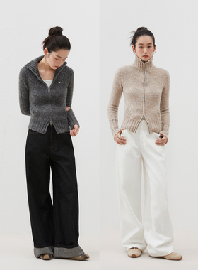 INRM 美式高领羊驼毛拉链开衫毛衣修身软糯保暖毛针织外套女冬