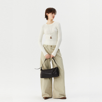 INRM 2026年春夏圆领长袖条纹针织打底衫简约修身套头毛针织衫女