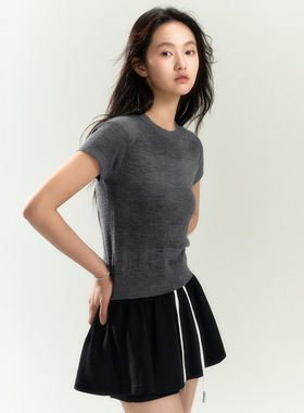 INRM 罗纹拼接羊毛衫灰色简约百搭修身短袖T恤针织衫女