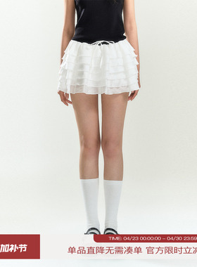 INRM 学院风显腿长蓬蓬纱公主短裙层次感系带蛋糕半身裙