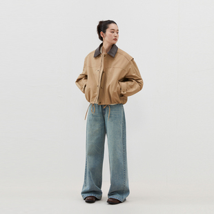 巴恩风开山廓形夹克女秋冬 复古撞色皮领弧形外套短款 INRM 美式