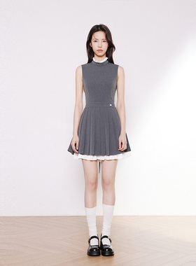 INRM 灰色百褶花边无袖连衣裙中长款修身露背设计感裙子