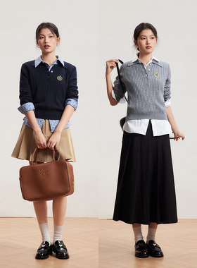 INRM 羊毛针织衫学院徽章刺绣短款毛衣秋冬绞花套头Polo