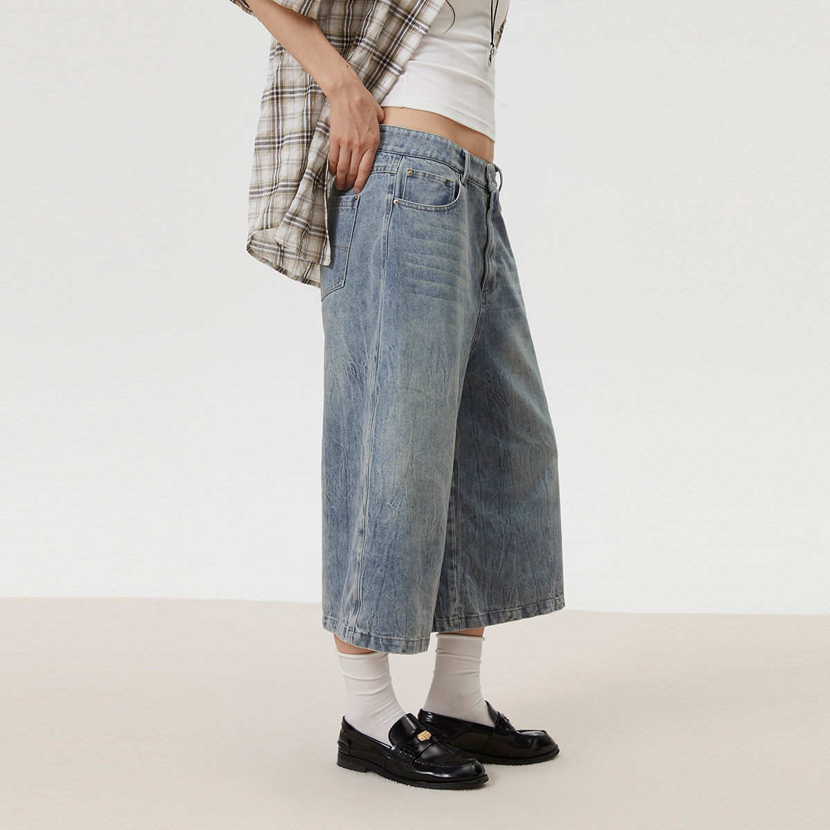 INRM 复古做旧重工水洗磨白扎花七分裤夏季女高腰直筒阔腿休闲裤