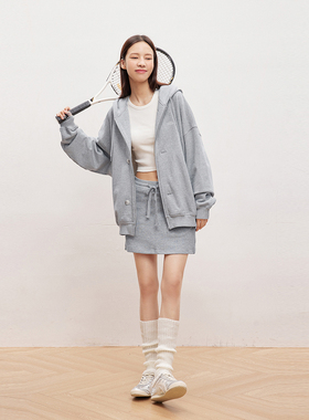 INRM 扣子拉链开衫卫衣外套百搭休闲灰色运动帽衫