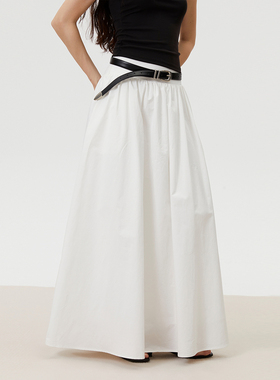 INRM 白色宽腰绗线半裙简约长款A字伞裙女百搭显高显瘦半身裙