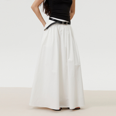 INRM 白色宽腰绗线半裙简约长款A字伞裙女百搭显高显瘦半身裙