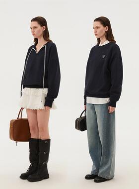 INRM 复古撞色设计感V领前后两穿一字贝卫衣女重磅春秋刺绣上衣