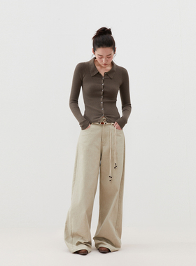 INRM 美式复古修身针织罗纹polo开衫外套女2025秋翻领上衣毛衣