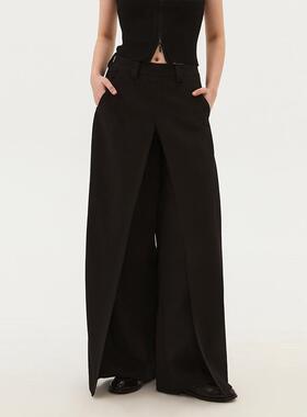 INRM 复古简约设计感活页弯刀西装裤2025女黑色阔腿休闲长裤子