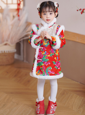 女宝宝周岁喜庆拜年服冬季加厚女童旗袍儿童新年装东北大花袄国潮