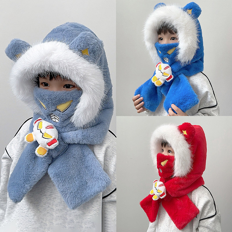 儿童帽子冬季奥特曼围巾一体帽男女孩卡通超人防风帽宝宝护耳帽