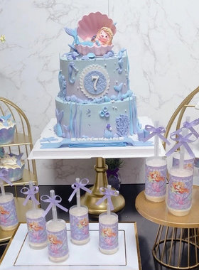 海洋风美人鱼主题甜品台紫色卡通生日派对蛋糕装饰推推乐贴纸插件