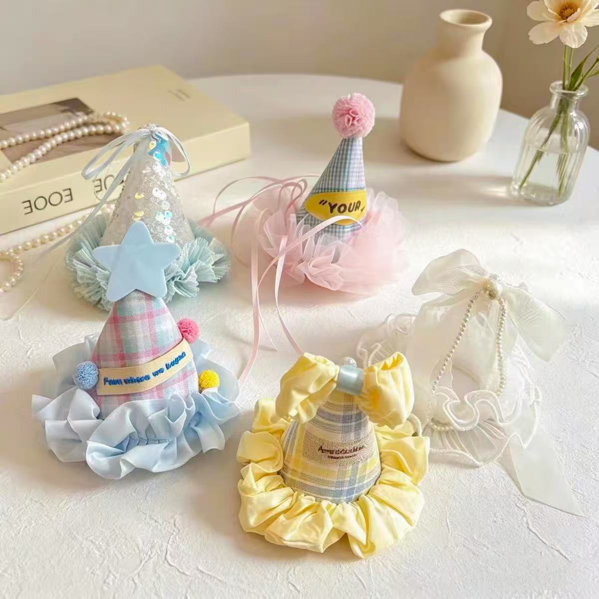 马卡龙色布艺小尖顶生日帽发夹宝宝周岁宴甜品台少女拍照装饰头饰
