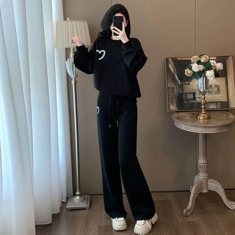加绒加厚休闲套装女士2025秋冬新款时尚宽松显瘦卫衣阔腿裤两件套