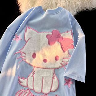 纯棉kitty猫刺绣短袖t恤女透气2025夏季原宿风情侣半袖上衣潮