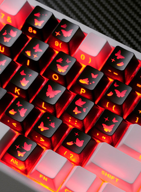 黑色爱心蝴蝶键帽侧刻透光镭雕原厂PC适配磁轴机械键盘客制化DIY
