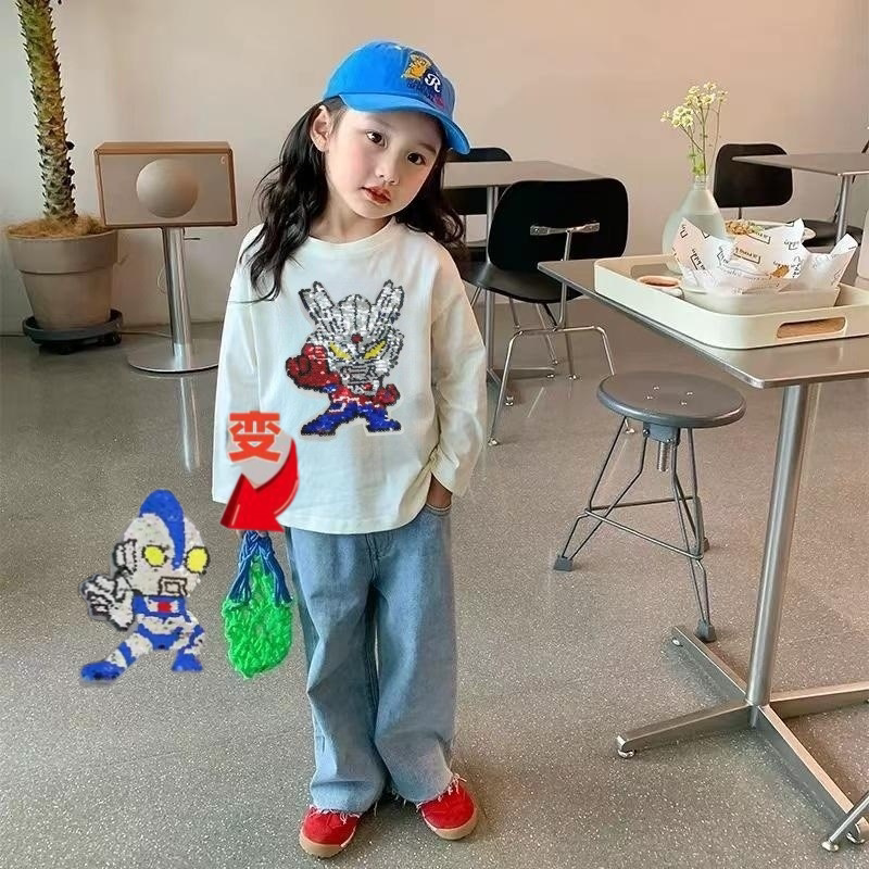 赛罗女童奥特曼衣服纯棉长袖t恤变色亮片上衣春秋新款女孩打底衫