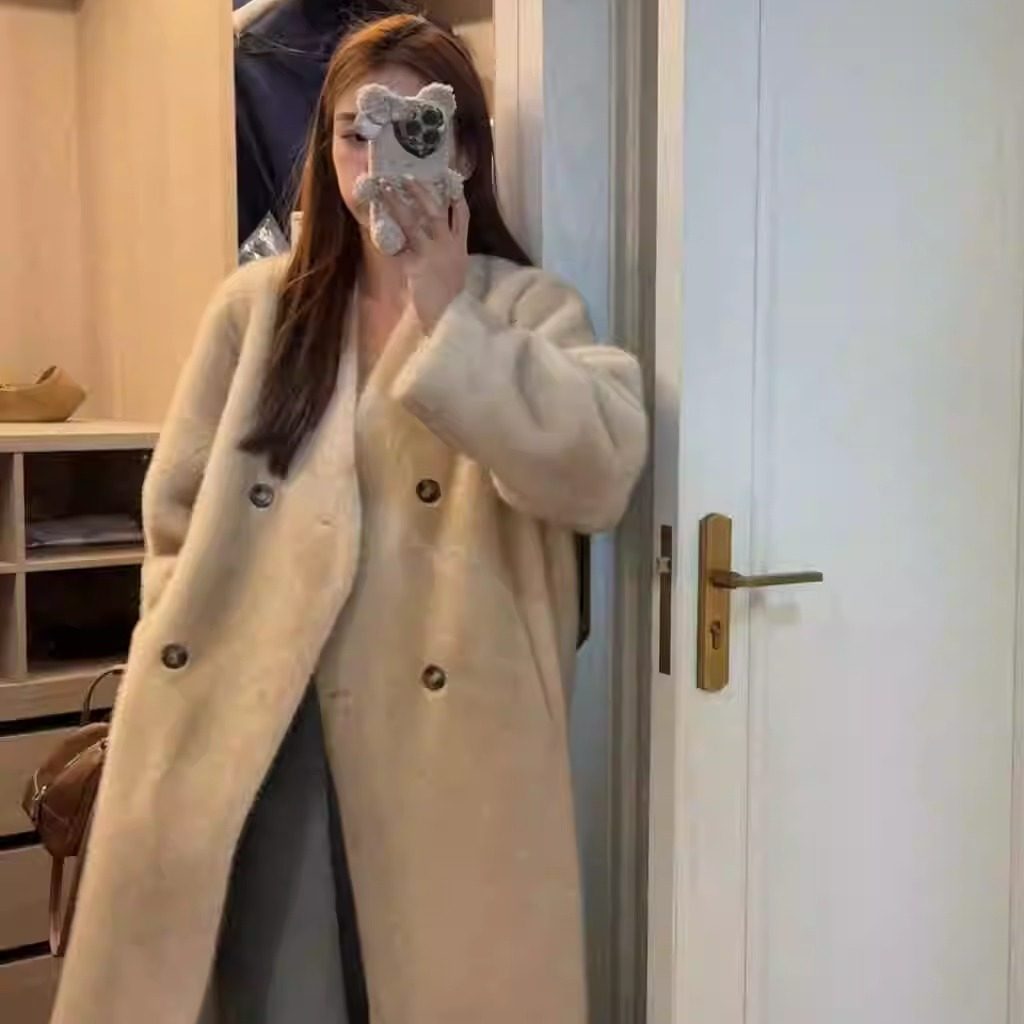 皮毛一体慵懒风仿貂毛绒外套女过膝长款宽松显瘦V领环保皮草大衣
