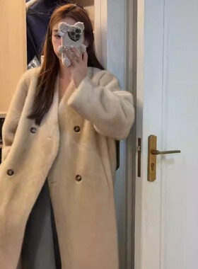 皮毛一体慵懒风仿貂毛绒外套女过膝长款宽松显瘦V领环保皮草大衣