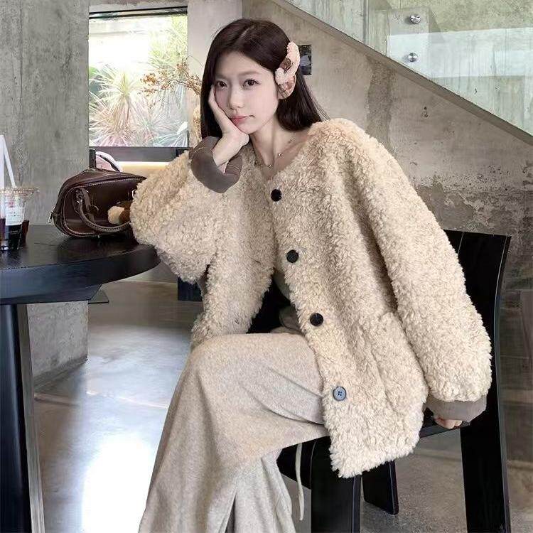 冬季新款韩系小个子宽松加厚上衣潮羊羔毛皮毛一体外套女慵懒风