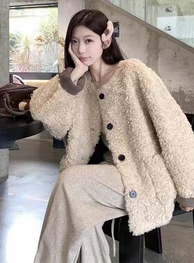 冬季新款韩系小个子宽松加厚上衣潮羊羔毛皮毛一体外套女慵懒风