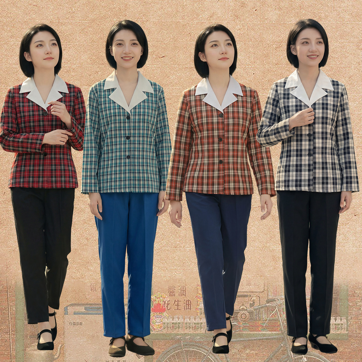 复古70年代风格格子衬衫女套装怀旧气质翻领百搭上衣多色可选女装