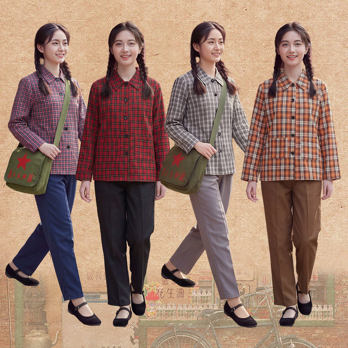 70年代复古格子衬衫女怀旧翻领
