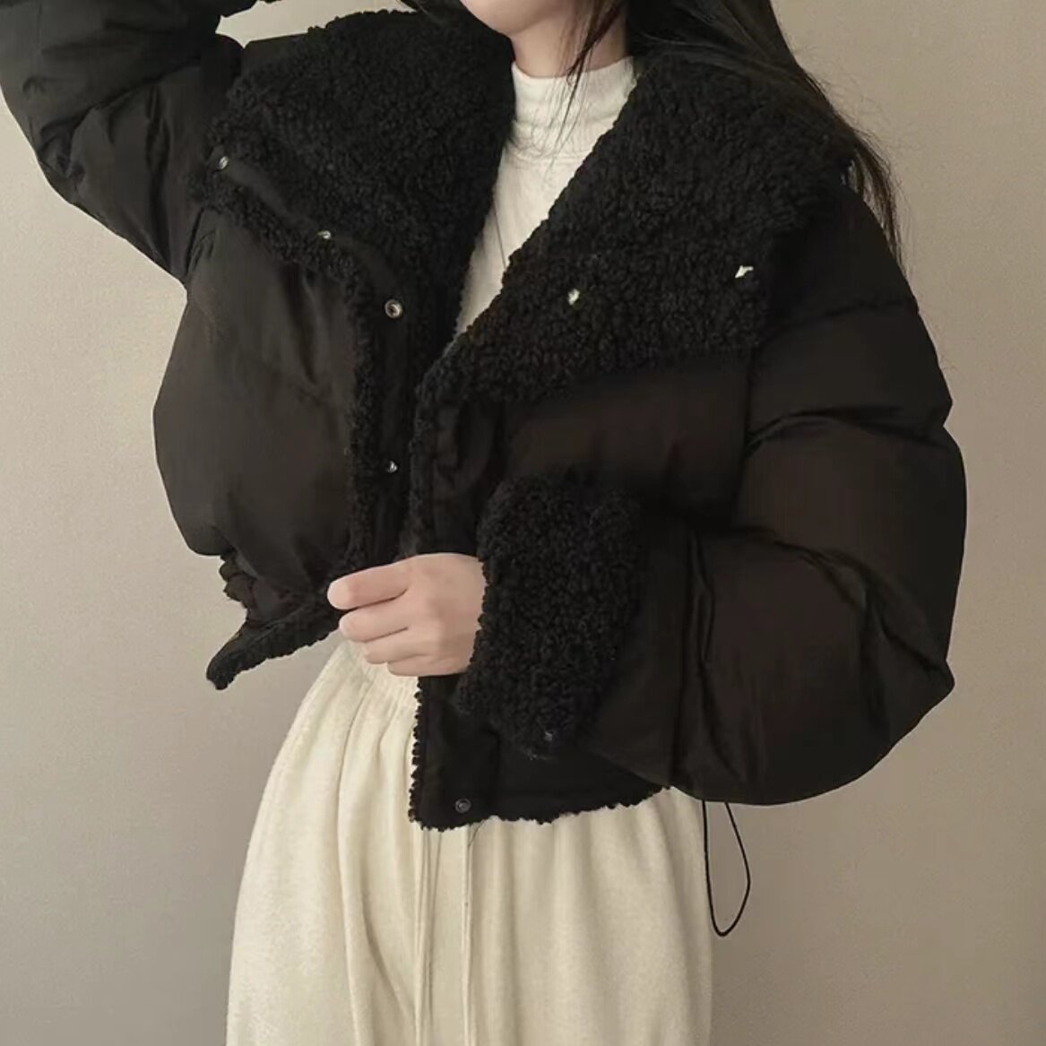 2025新款两面穿法韩版翻领仿羊羔毛棉服短款宽松加厚长袖面包服