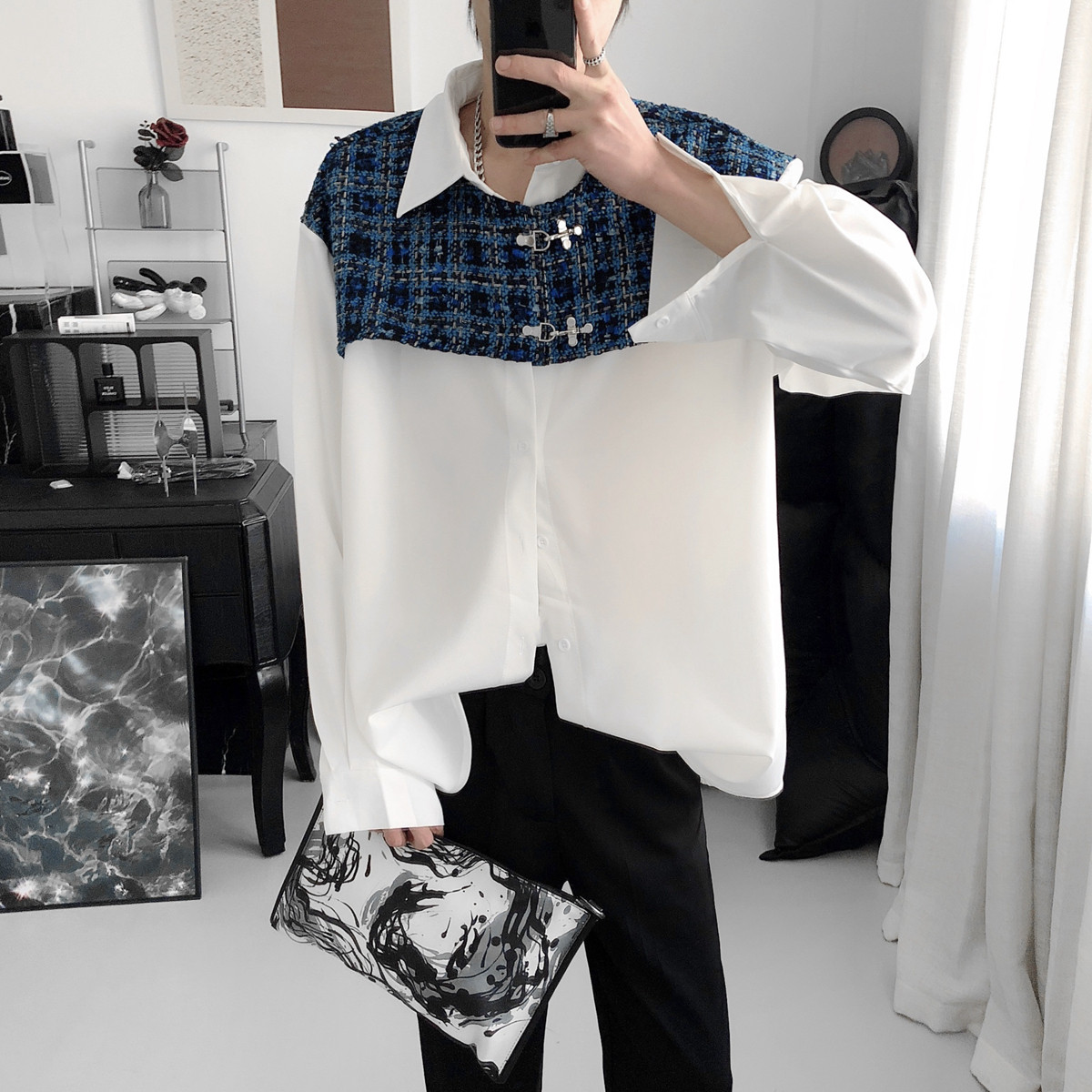 复得先生小香风假两件拼接编织衬衫男长袖设计感垂感冰丝休闲衬衣
