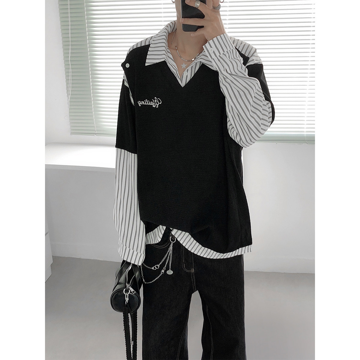 假两件撞色条纹衬衫新款长袖上衣