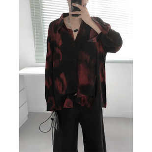 设计感小众潮流痞帅宽松高级免烫衬衣 男长袖 复 先生黑红扎染衬衫