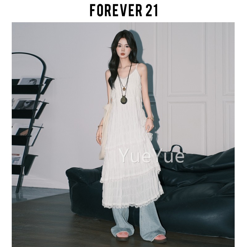 Foreve叠r 21长白色蕾丝吊带DYJ-558-连衣裙女A字裙穿沙滩ins度假