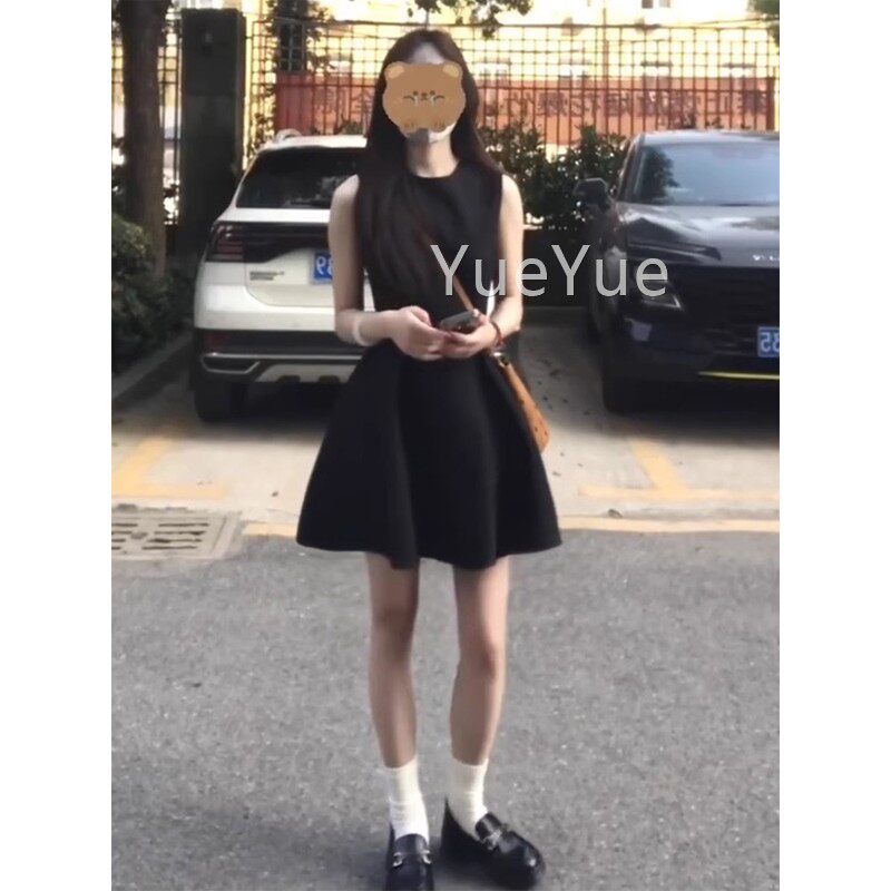 黑色无背心式连衣裙女LYQ25164季新款小个子法收腰显瘦小夏黑袖裙