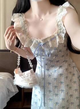 法式碎蓝色系花方领吊带连裙子女衣夏季2025年新款韩C2M50885穿搭