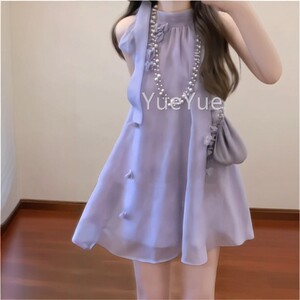 体设边计感立花ZXK-1056朵紫挂脖连衣裙女夏法式气质色温柔风海度