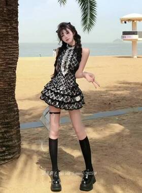 法式复古脖格纹连挂衣修裙女夏季辣妹身收腰花蕾丝边露BOA肩蓬蓬