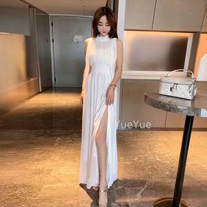 高级感飘挂脖无袖连衣裙女202s7295法季新款式气夏质开叉带收腰长