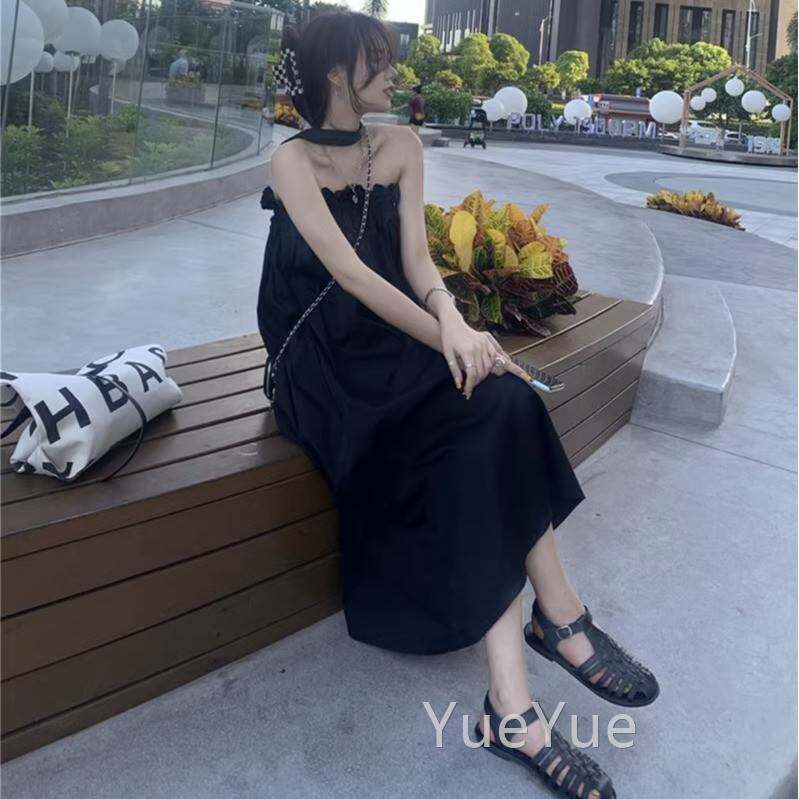 茶歇法式夏性感黑色挂一字肩脖连衣裙女度季海边假沙滩抹胸cc139