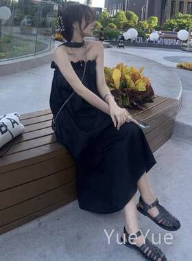 茶歇法式夏性感黑色挂一字肩脖连衣裙女度季海边假沙滩抹胸cc139