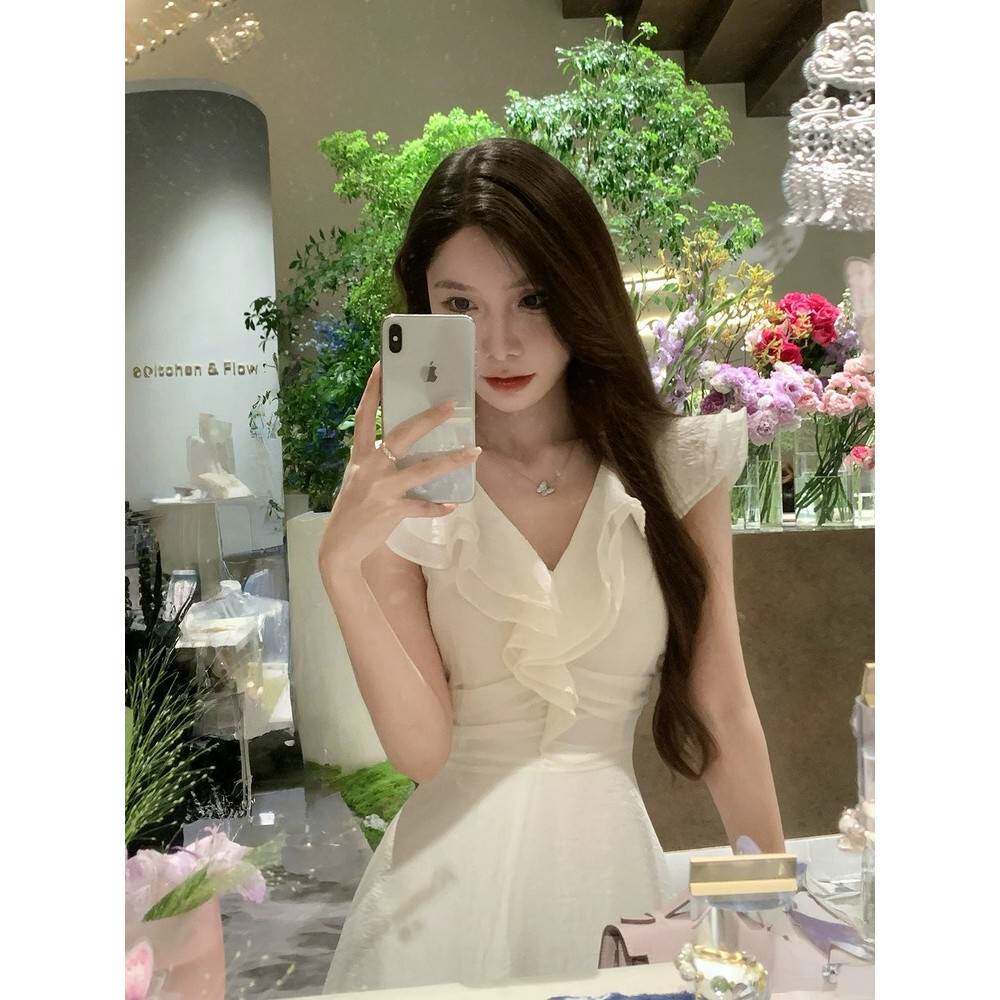 法式欲温柔风V领荷00910263设质叶边白色连衣纯裙子女计感收腰气