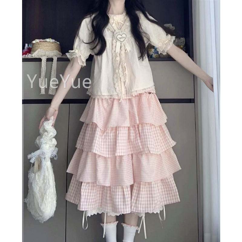 少女边感甜妹套装花短衬衫上衣+粉色格子袖ZOX中长款糕半裙两蛋件