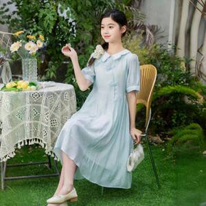 女大童夏季中国风天丝连衣裙2025新款洋气初高中生公主裙娃娃领07