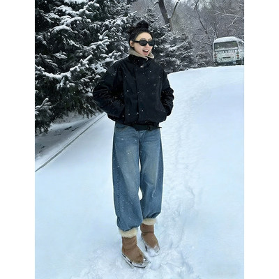 满天星烫钻重工阔腿牛仔裤女冬季加绒设计感宽松显瘦爆闪直筒裤子