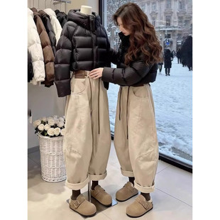 小个子萝卜裤 卡其色加绒九分哈伦老爹牛仔裤 大码 2026年新款 女冬季