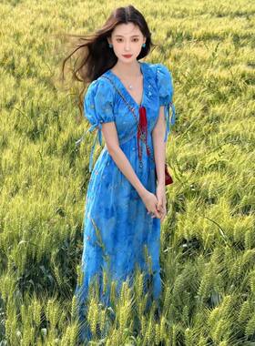 法式甜美碎花V领短袖茶歇连衣裙