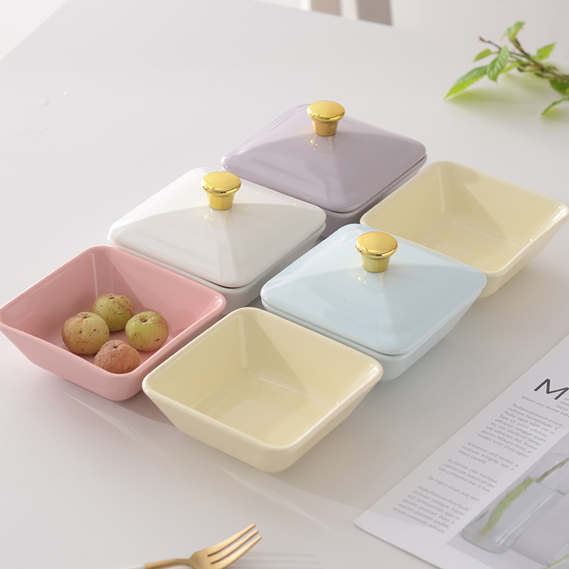 带盖子陶瓷四方碟小吃零食碟子