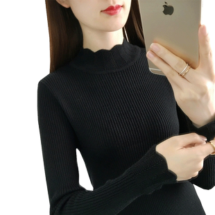 半高领打底衫女春秋新款黑色针织衫中领上衣长袖内搭修身薄款毛衣