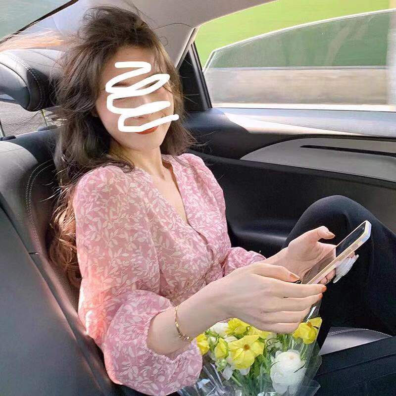 法式粉色碎花雪纺长袖衬衫女春季新款高级感V领短款掐腰甜美上衣